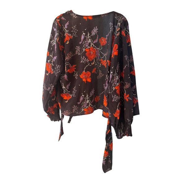 Madewell Floral Silk Long Sleeve Wrap Blouse Black With Red & Purple Flowers  XS - Picture 3 of 5